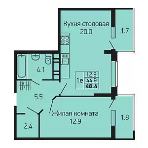 1-комнатная квартира 48.4 ЖК «Абрикосово»