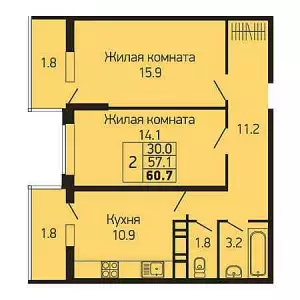 2-х комнатная квартира 60.7 ЖК «Абрикосово»