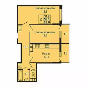 2-х комнатная квартира 62.6 ЖК «Абрикосово»