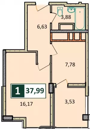 1-комнатная квартира 37.99 м² в ЖК «Агой парк»