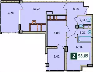 2-х комнатная квартира 58.09 м² в ЖК «Агой парк»