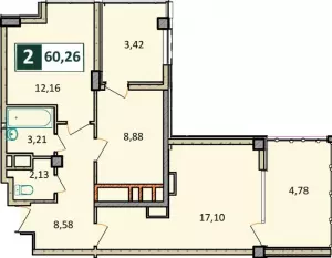 2-х комнатная квартира 60.26 м² в ЖК «Агой парк»