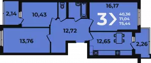 3-х комнатная квартира 75.4 м² в ЖК «Аксиома»