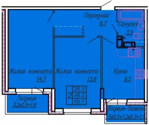 2-х комнатная квартира 51 ЖК «Акварели 3»