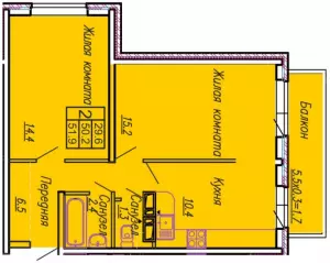 2-х комнатная квартира 52 ЖК «Акварели 3»