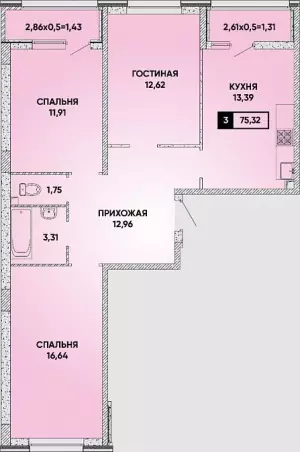 3-х комнатная квартира 75.3 м² в ЖК «Архитектор»