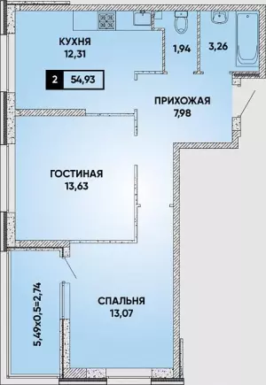 2-х комнатная квартира 54.9 ЖК «Архитектор»