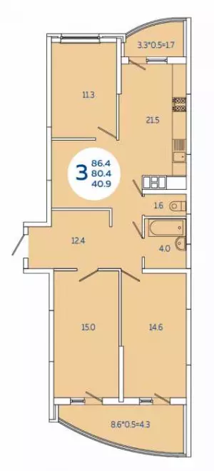 3-х комнатная квартира 86.4 м² в ЖК «Атлант»