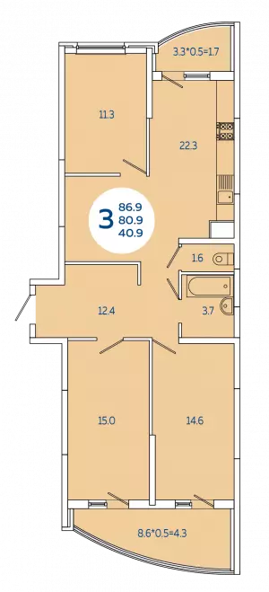 3-х комнатная квартира 86.9 м² в ЖК «Атлант»