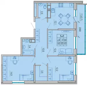 3-х комнатная квартира 75.3 м² в ЖК «Айвазовский»