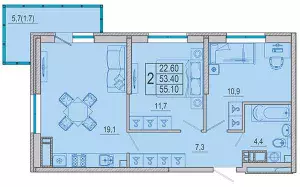 2-х комнатная квартира 55.1 м² в ЖК «Айвазовский»