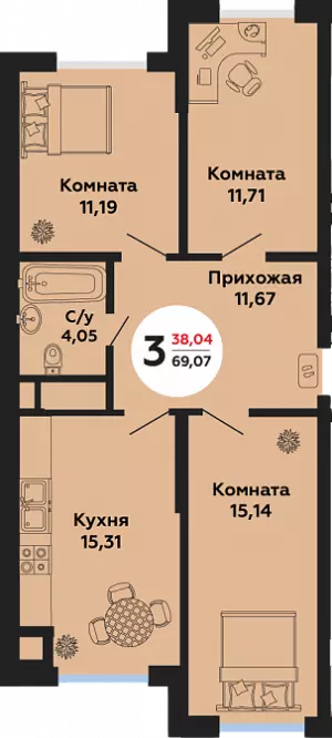 3-х комнатная квартира 69.07 ЖК «Баланс»