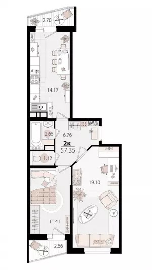 2-х комнатная квартира 57.4 м² в ЖК «Дом на Луговой»