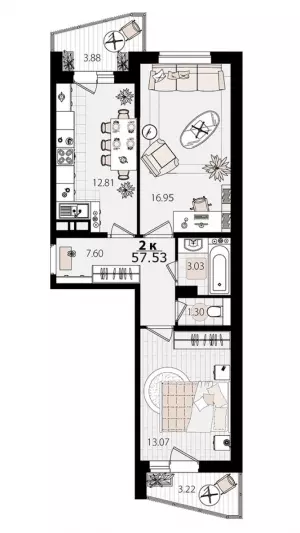 2-х комнатная квартира 57.5 м² в ЖК «Дом на Луговой»