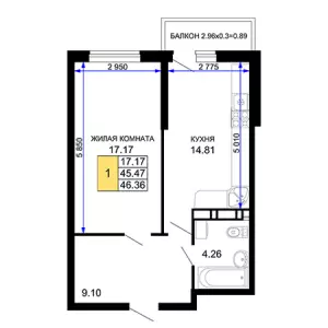 1-комнатная квартира 46.36 м² в ЖК «Дом на Московской»