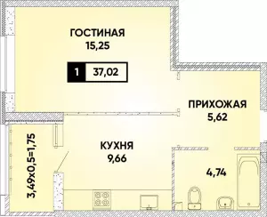 1-комнатная квартира 37.02 м² в ЖК «Достояние»