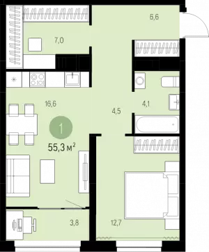 1-комнатная квартира 55.3 м² в ЖК «Друг»