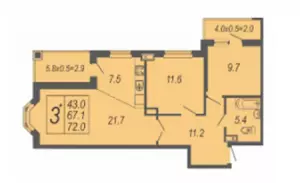3-х комнатная квартира 72 ЖК «Дружный»