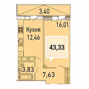 1-комнатная квартира 43.33 ЖК «Элегант»