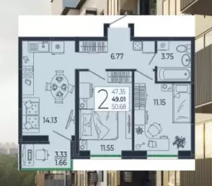 2-х комнатная квартира 49.01 м² в ЖК «Эстет»