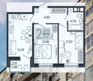 2-х комнатная квартира 50.72 м² в ЖК «Эстет»