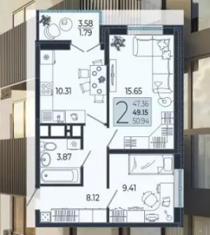 2-х комнатная квартира 49.15 м² в ЖК «Эстет»