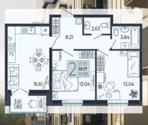 2-х комнатная квартира 59.17 м² в ЖК «Эстет»