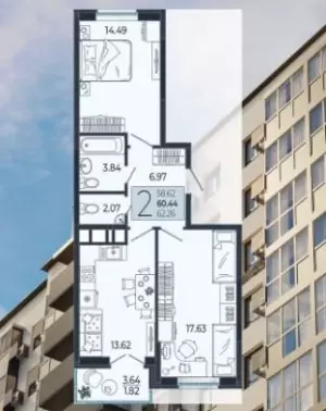 2-х комнатная квартира 60.44 м² в ЖК «Эстет»