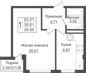 1-комнатная квартира 39.66 ЖК «Европа сити»