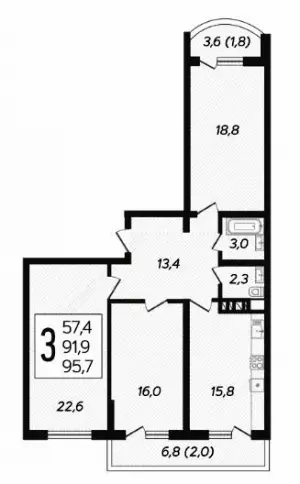 3-х комнатная квартира 95.73 м² в ЖК «Fresh»