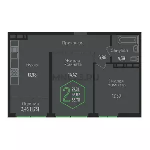2-х комнатная квартира 55.7 м² в ЖК «Гарантия на Обрывной»