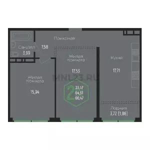 2-х комнатная квартира 66.47 м² в ЖК «Гарантия на Обрывной»