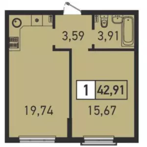 1-комнатная квартира 42.91 ЖК «Гарантия в Немецкой Деревне»