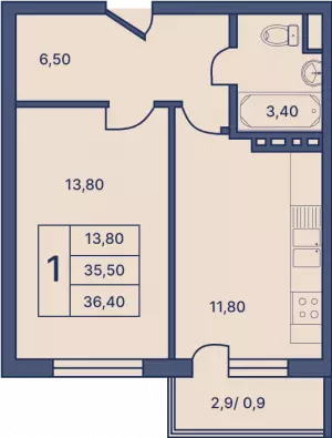 1-комнатная квартира 36.4 м² в ЖК «Гармония»