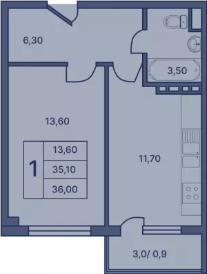 1-комнатная квартира 35.1 м² в ЖК «Гармония»