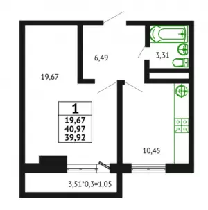 1-комнатная квартира 39.92 ЖК «Грин Парк»
