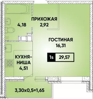 Квартира-студия 29.57 м² в ЖК «Губернский»