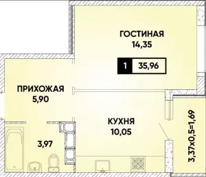 1-комнатная квартира 35.96 м² в ЖК «Губернский»