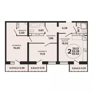 2-х комнатная квартира 65.92 м² в ЖК «Гулливер»