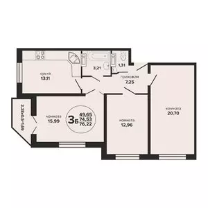 3-х комнатная квартира 76.22 м² в ЖК «Гулливер»