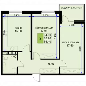 2-х комнатная квартира 66.4 м² в ЖК «История 2»