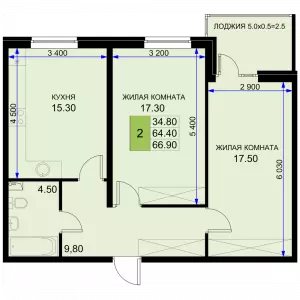 2-х комнатная квартира 66.9 м² в ЖК «История 2»