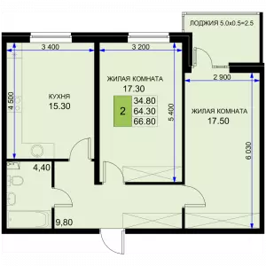 2-х комнатная квартира 66.8 м² в ЖК «История 2»