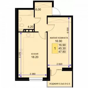 1-комнатная квартира 47.8 м² в ЖК «История 2»