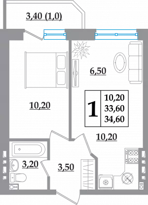 1-комнатная квартира 34.6 ЖК «Квартал»