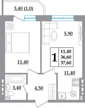 1-комнатная квартира 37.6 ЖК «Квартал»