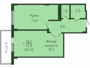 1-комнатная квартира 45.2 м² в ЖК «Лиговский»