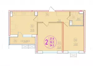 2-х комнатная квартира 54.3 ЖК «Лайм»