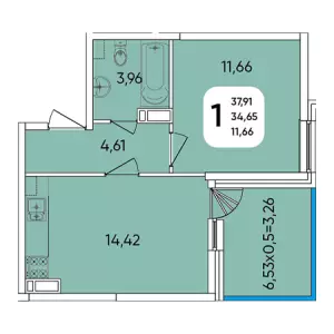 1-комнатная квартира 37.91 ЖК «Любимово»