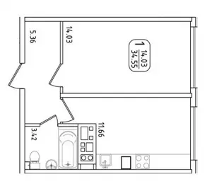 1-комнатная квартира 34.6 ЖК «Мега Победа»
